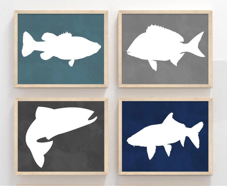 Fish Art Prints - Lake Fish Bedroom Wall Art - Lake House Fish Artwork - Baby Boy Fish Nursery Wall Decor - Fish Canvas Artwork Set of 4 image 4