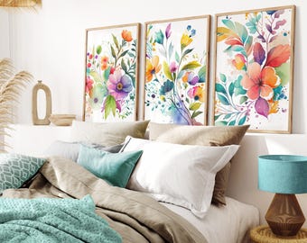 Watercolor Flower Wall Art: Colorful Floral Artwork, Set of 3 - Framed, Canvas, or Art Prints WC