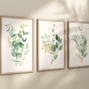 Eucalyptus Wall Art - Watercolor Leaves Art - Eucalyptus Bedroom Picture Botanical Bathroom Wall Decor Artwork Set of 3 WC image 2