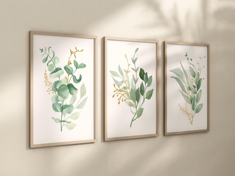 Eucalyptus Wall Art - Watercolor Leaves Art - Eucalyptus Bedroom Picture Botanical Bathroom Wall Decor Artwork Set of 3 WC image 2