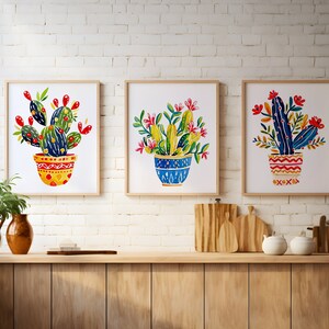Bunte Kaktus Wandkunst - Gerahmte Kaktus Malerei Kunstdruck - Mexikanische Kaktus Leinwand Kunstwerk - Kaktus Töpfe Wanddekor Bilder 3er-Set