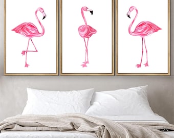 Flamingo Wall Art - Framed Flamingo Art Print - Watercolor Flamingo Artwork - Flamingo Canvas Art - Flamingo Nursery Wall Decor Sets of 3