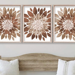 Farmhouse Flower Wall Art - Brown Beige Flower Prints - Framed Brown Bedroom Decor - Brown Bathroom Farmhouse Pictures Canvas Set of 3