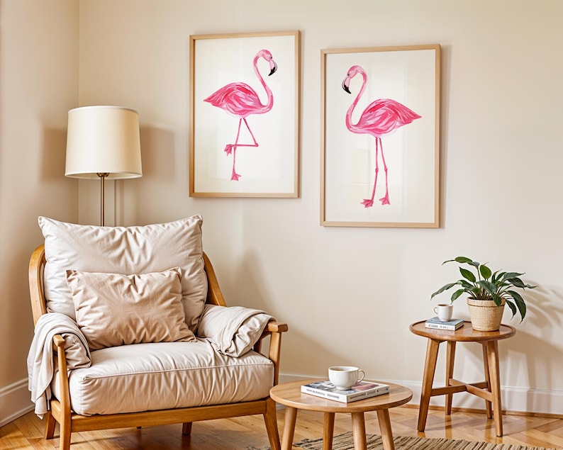 Flamingo Wall Decor - Two Flamingos Wall Art - Flamingo Artwork - Set of 2 Framed, Canvas or Art Prints WC