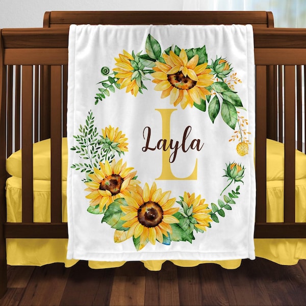 Girls Love A Monogram - Personalzied Custom Floral Baby Blankets For Girls With Name - Personalized Girl Shower Gifts (Sunflower 2, 30 X 40 Baby