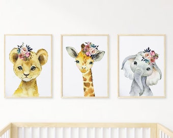 Flower Safari Animal Nursery Decor - Girl Jungle Animal Artwork Prints - Lion, Giraffe, Elephant - Girl Animal Nursery Decor Canvas Set of 3