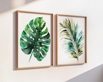 Banana Leaf Wall Art - Tropical Leaves Art - Leaf Artwork - Simple Leaf Picture - Botanical Bathroom Wall Decor Set of 2 WC