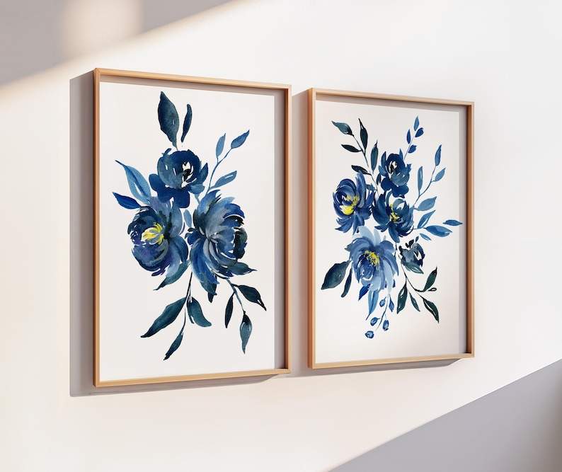 Navy Blue Flower Wall Art: Floral Bedroom Decor Set of 2 - Framed ...