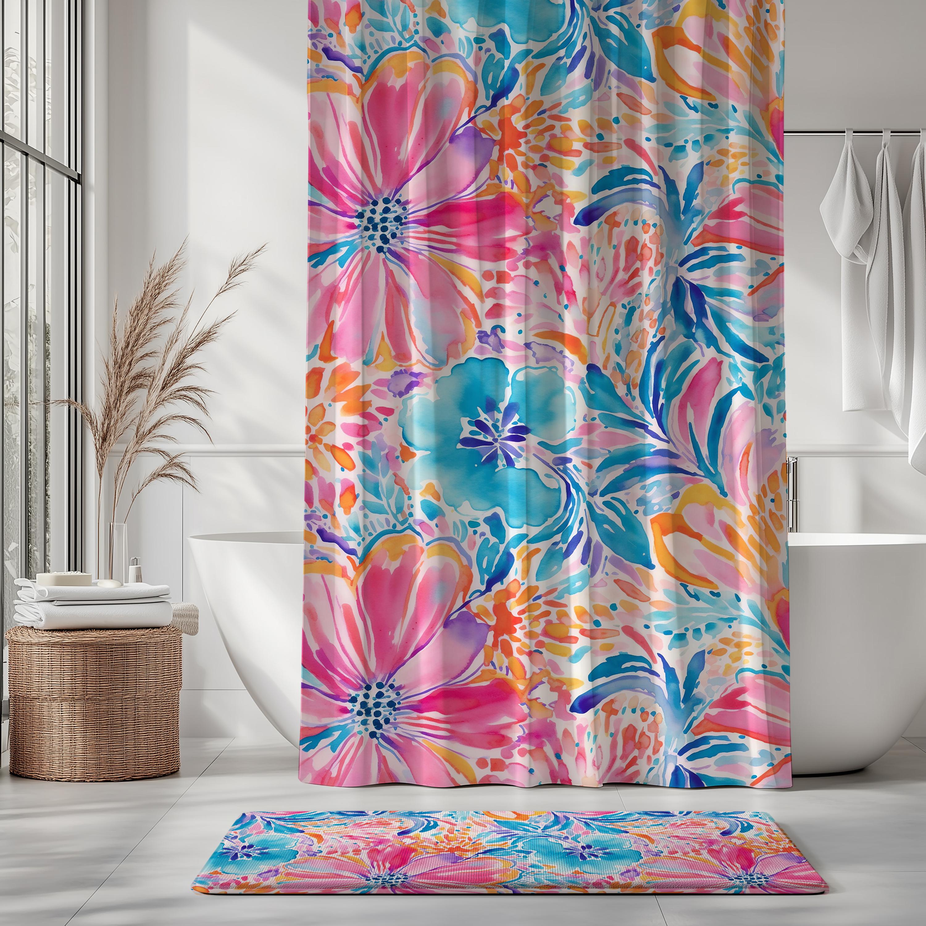 Colorful Floral Shower Curtain \u0026 Bath Mat: Preppy Bathroom Decor Set - Etsy, image size:3000x3000