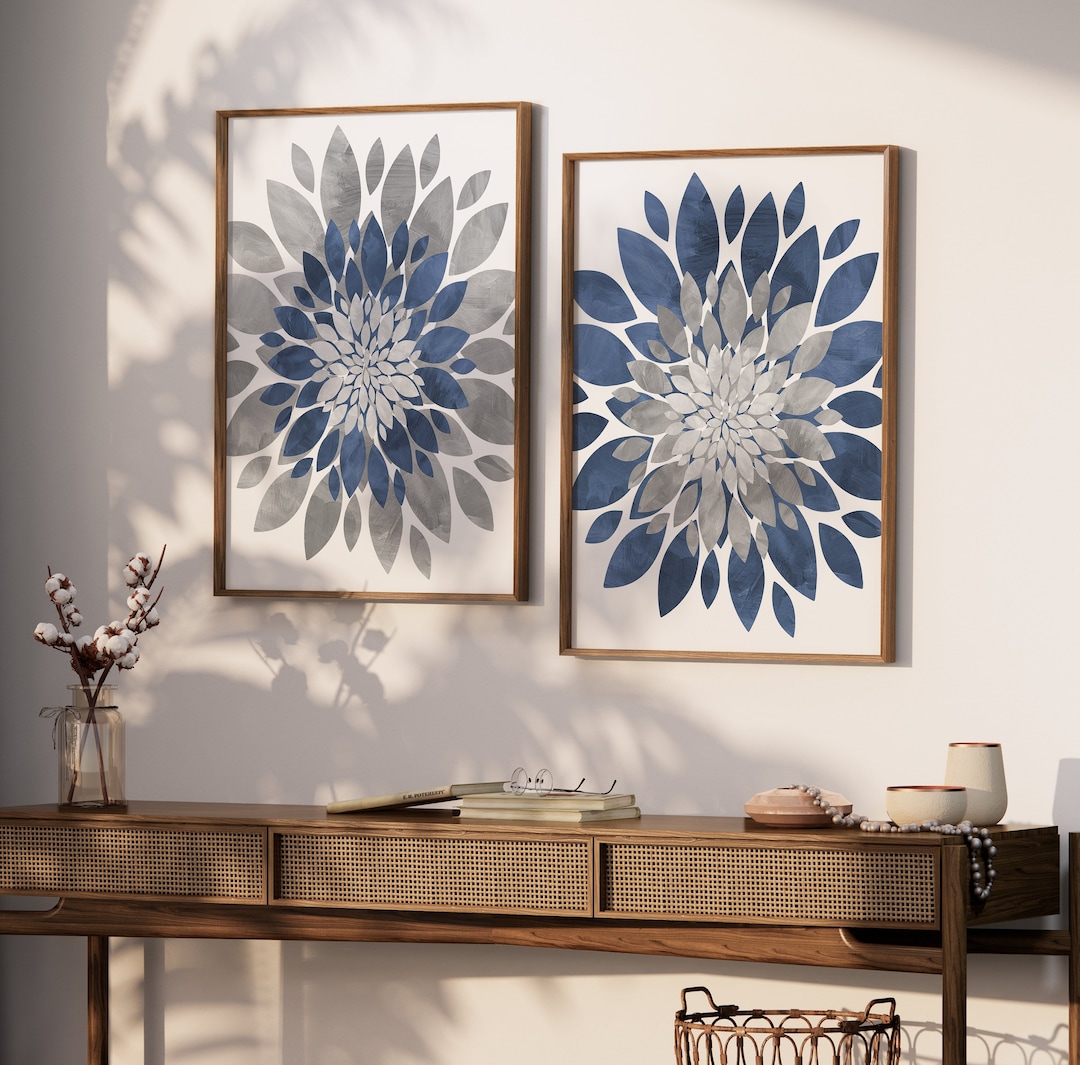 Navy Gray Flower Wall Art Watercolor Blue Gray Floral Art Prints Framed Navy Blue Gray Bedroom