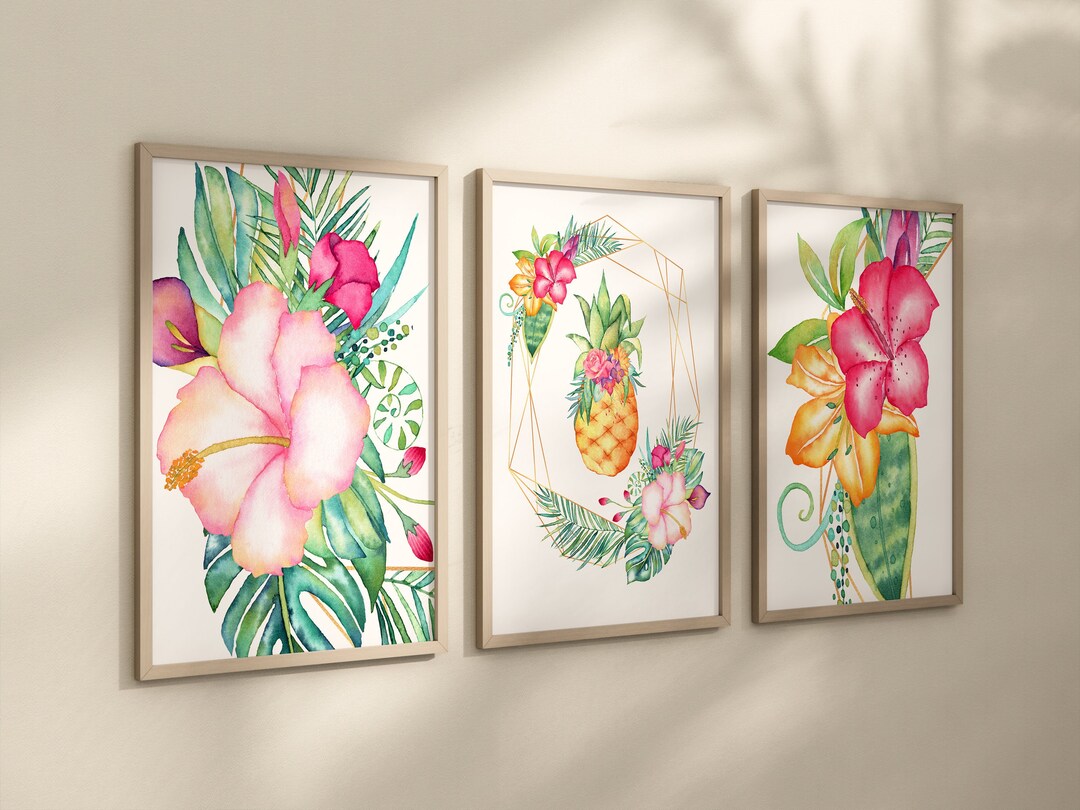 Tropical Floral Wall Art Tropical Flowers Pineapple Wall Art Etsy