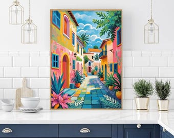 Caribbean Island Village Artwork: Beach House Wall Decor Set of 1 - Framed, Canvas, or Art Prints WC