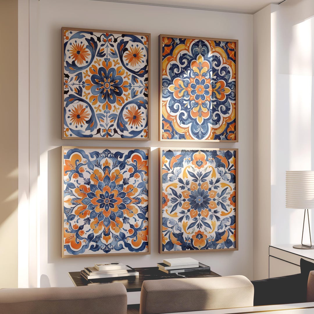 洋書 WALL ELEMENTS ART WALL Spanish Tile Wall Art: Blue Orange Mandala Set of 4 - Framed