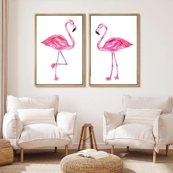 Flamingo Wall Decor - Two Flamingos Wall Art - Flamingo Artwork - Set of 2 Framed, Canvas or Art Prints WC