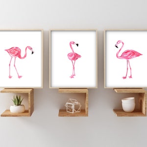 Flamingo Wall Art - Flamingo Prints - Framed Watercolor Flamingos Pictures - Flamingo Artwork - Flamingo Nursery Wall Decor Canvas Set of 3