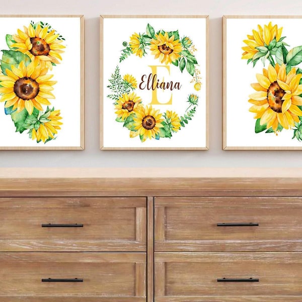 Sunflower Artwork - Sunflower Monogram -  Sunflower Wall Art - Sunflower Nursery Decor - Sunflower  Pictures Set of 3 WC