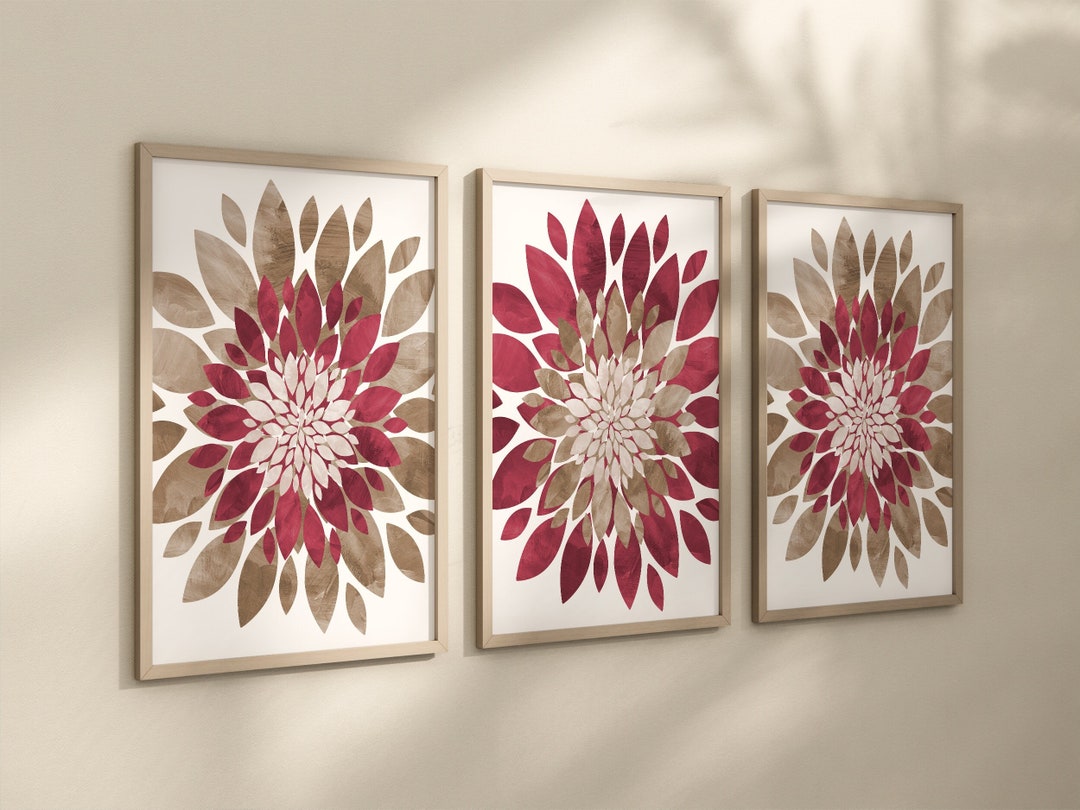 Red Brown FLOWER Wall Art Flower Prints or Canvas Set of 3 Etsy