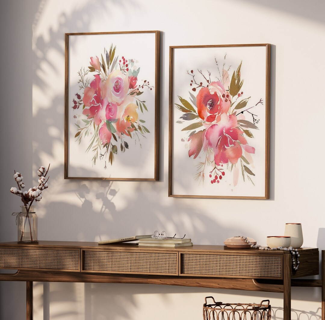 Coral FLOWER Wall Art, Watercolor Floral Prints or Canvas, Watercolor