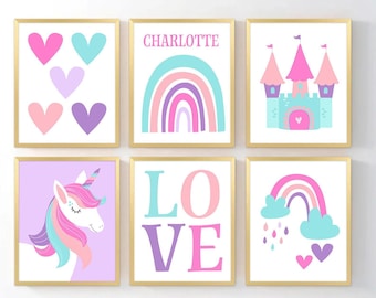 Unicorn Wall Art: Rainbow Castle Hearts Girl Bedroom Wall Decor - Set of 6 Unframed Fine Art Prints 6c