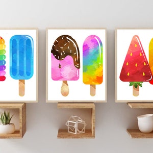 Popsicle Art Wall Art - Popsicles Art Prints - Framed Watercolor Summer Dessert KITCHEN Pictures - Popsicles Wall Decor Canvas Set of 3