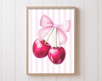 Cherry Bow Wall Art - Cherries Dorm Decor Set of 1 Framed, Canvas, or Art Prints WC