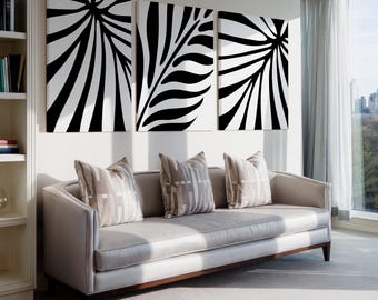Tropical Palm Leaf Wall Art: Black & White Bedroom Wall Decor Set of 3 - Framed, Canvas, or Art Prints