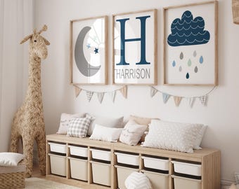 Moon Cloud Boy Wall Decor - Boy Name Nursery Wall Art - Gender Neutral Cloud Moon Nursery Wall Art - Boy Room Set of 3 Artwork