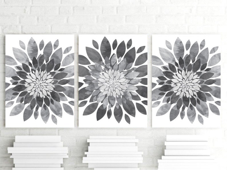 Gray Flower Wall Decor Flower Wall Art Print or Canvas Set of Etsy