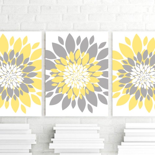 Yellow Gray Flower Wall Art Flower Burst Dahlia Petal Print Etsy