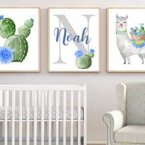 Boy Llama Nursery Decor, Boy Llama Cactus Monogram Nursery Art Prints, Frames or Canvas Wall Art, Boy Llama Nursery Decor Pictures Set of 3