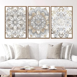 Neutral Mandala Flower Art: Boho Ornamental Wall Art, Beige Gray  Bedroom Decor Set of 3 - Framed, Canvas, or Art Prints WC