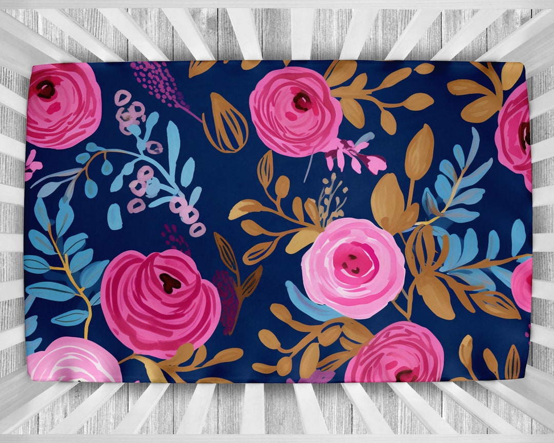 Pink Navy Blue Floral Crib Sheet, Girl Personalized Crib Sheet, Pink