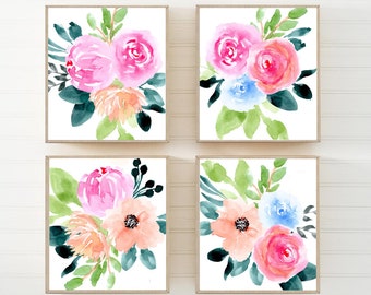 Bright Floral Wall Art - Spring Flower Art Prints - Framed Floral Nursery Wall Decor - Bright Spring Bathroom Wall Decor Canvas Set of 4