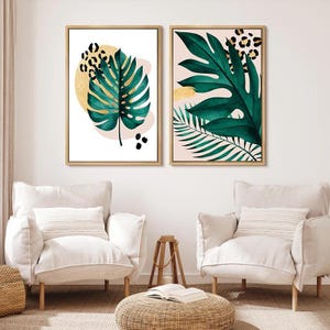 Modern Leaf Wall Art - Minimalist Leaves Prints - Framed Leaf Artwork - Simple Leaf Canvas Pictures - Gold Leaves  Wall Decor Set of 2