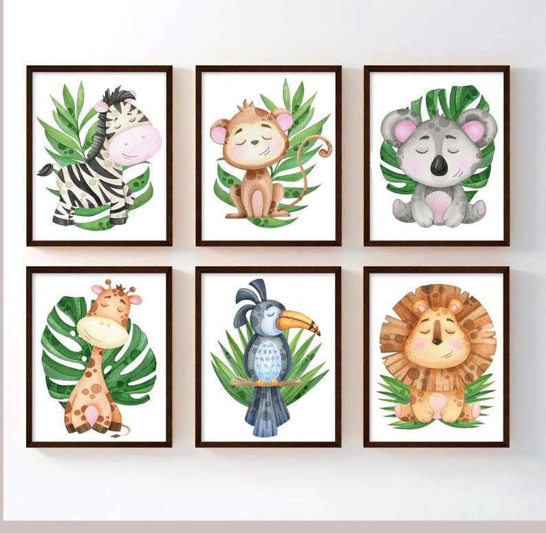 Zoo Jungle Animals Wall Art: Safari Nursery Decor - Set of 6 Unframed ...