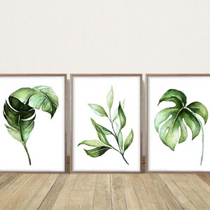 Modern Leaf Wall Art -  Minimalist Leaves Prints - Framed Leaf Artwork - Simple Leaf Canvas Pictures - Modern Bathroom Wall Decor Set of 3