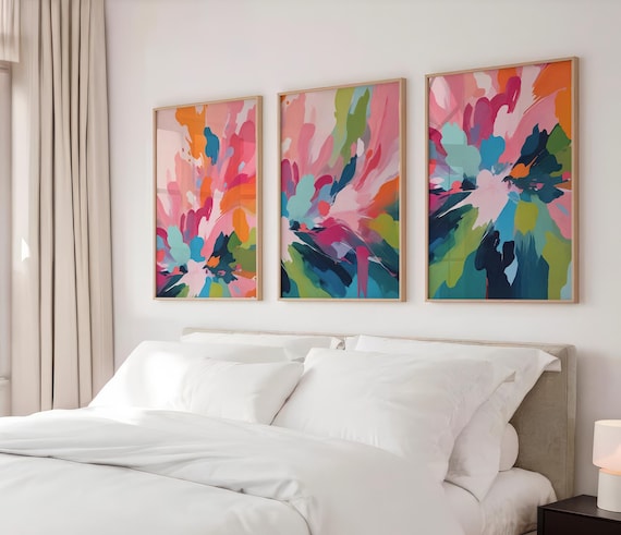Colorful Abstract Wall Decor - Bright Abstract Art - Bold Bright Wall Art - Preppy Maximalist Artwork - Dorm Room Art Set of 3 WC