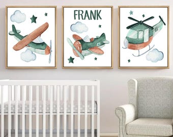 Kunst aan de muur kinderkamer vliegtuig: luchtvaartthema, gepersonaliseerde jongensnaam, set van 3 - ingelijst, canvas of kunstafdrukken toilet