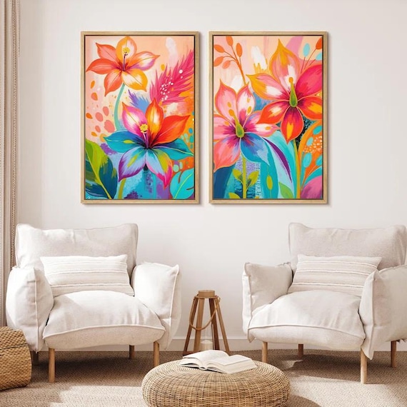 Tropical Floral Wall Art: Colorful Exotic Flowers Wall Decor, Set