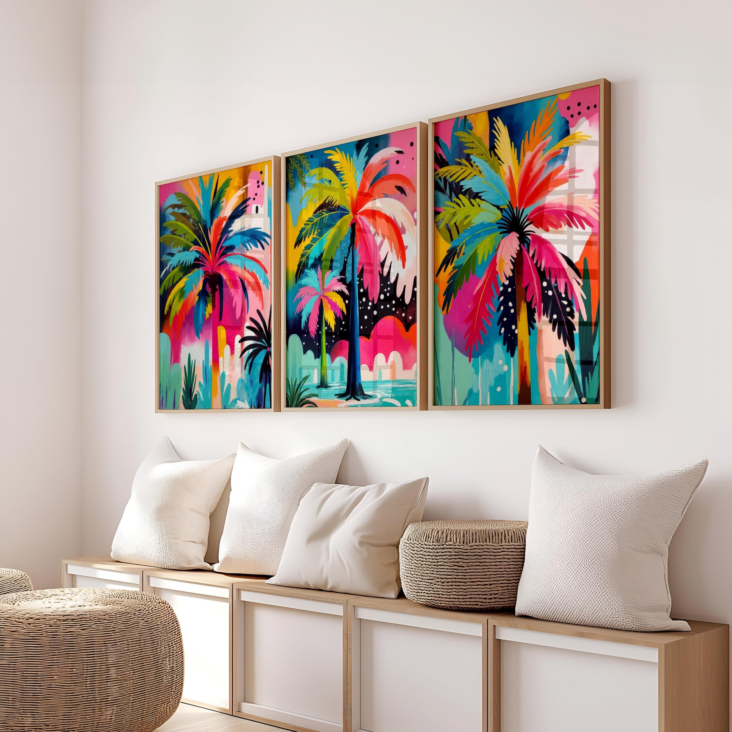 Tropical Palm Tree Wall Art: Exotic Bathroom Wall Decor, Set of 3