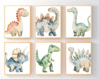 Sztuka ścienna z dinozaurami – dekoracja pokoju małego chłopca – zestaw 6 nieoprawionych wydruków artystycznych z dinozaurami, 6 szt.