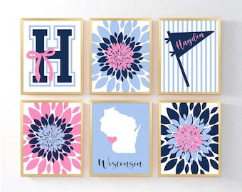 Personalized Preppy Dorm Decor - Custom Name Monogram Prints - Pink Blue Floral Bedroom Decor - Monogram College Dorm Room Canvas Set of 6