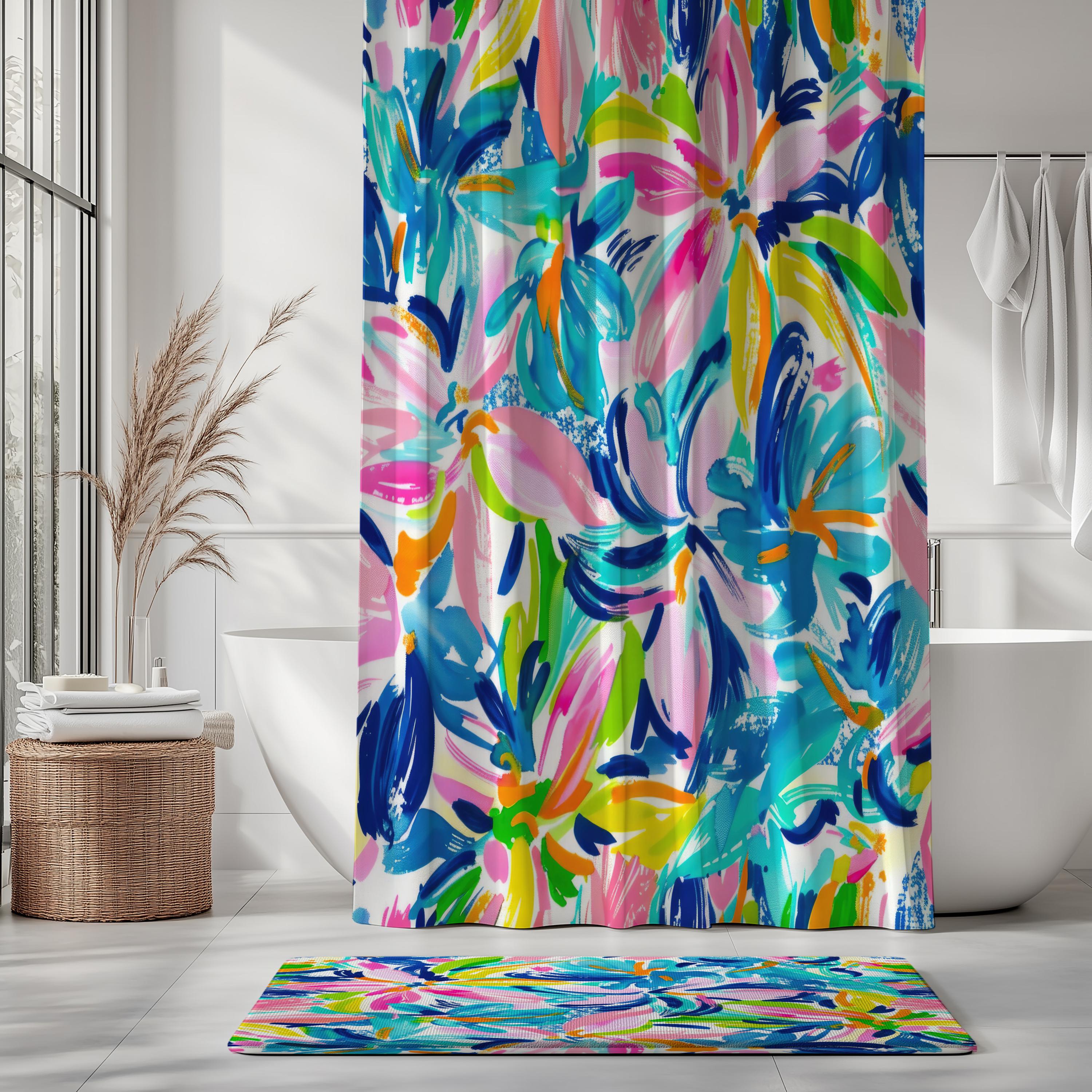 Preppy Floral Shower Curtain: Colorful Bathroom Decor Set - Etsy, image size:3000x3000