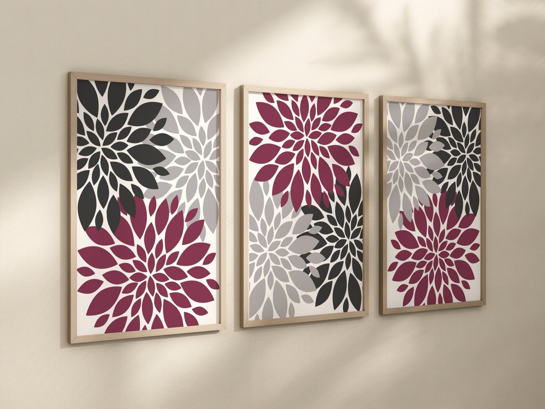 Maroon Gray FLOWER Wall Art, Flower Burst Dahlia Petal Prints or Canvas