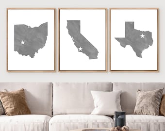 Arte mural de los tres estados - Mapa familiar de los estados - Decoración de 3 estados - Juego de 3 piezas personalizadas y únicas para parejas de recién casados