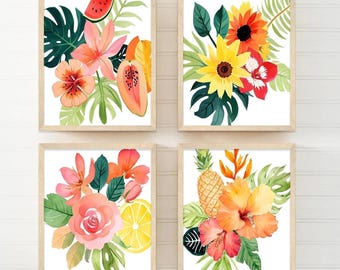Tropical Flower Wall Art: Beach House Floral Wall Decor Set of 4 Watercolor - Framed, Canvas, or Art Prints WC