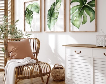 Tropical Leaf Wall Art - Tropical Leaves Art - Tropical Leaf Artwork - Green Bathroom Wall Decor Pictures Set of 3 WC