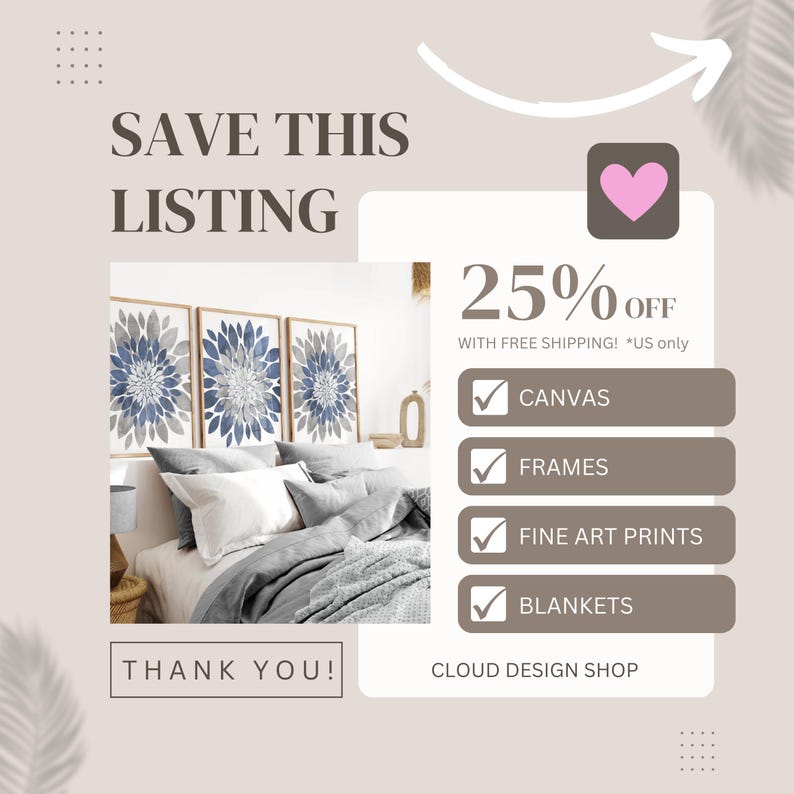 The image is a promotional advertisement for a product called "SAVE THIS LISTING" from a company called "CLOUD DESIGN SHOP". The ad offers a 25% discount on the product, which includes free shipping. The product is a "CANVAS", "FRAMES", "FINE ART PRINTS", and "BLANKETS". The ad also includes a heart icon and a "THANK YOU!" message at the bottom.