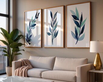 Blue Leaf Wall Art: Botanical Leaves Artwork - Navy Blue Bedroom Wall Decor Set of 3 - Framed, Canvas, or Art Prints WC