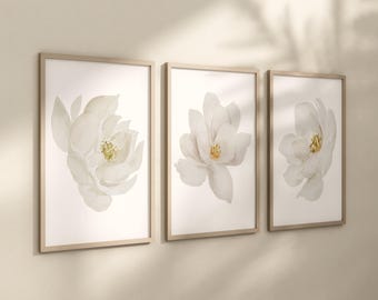 Arte de parede com magnólias - Impressões de flores de magnólia - Arte simples com magnólias - Decoração de parede com flores brancas - Conjunto de 3 obras de arte com magnólias para banheiro